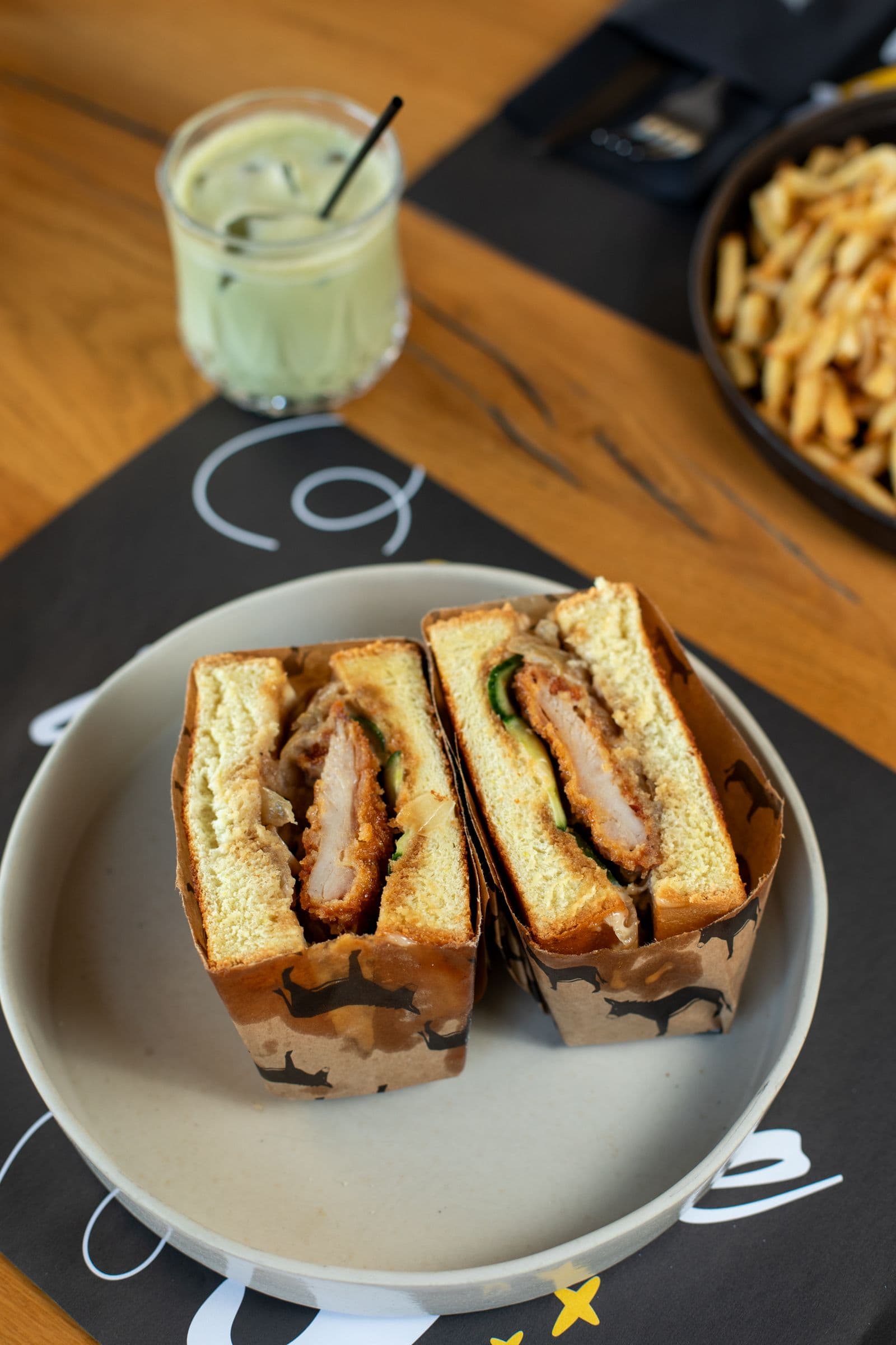 Teriyaki Sando Style cut in half, showing the fried chicken inside